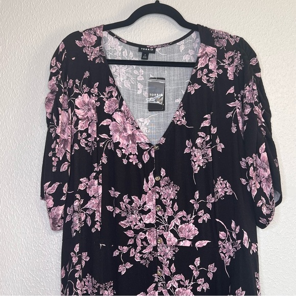 Torrid Dress Midi Rayon Slub Button Front Tie Black Pink Floral Plus Size 4X NEW - Picture 3 of 15